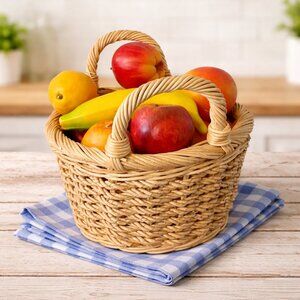 Decorative Wicker Fruit Basket w/ Realistic Faux Fruit | Farmhouse Kitchen Décor